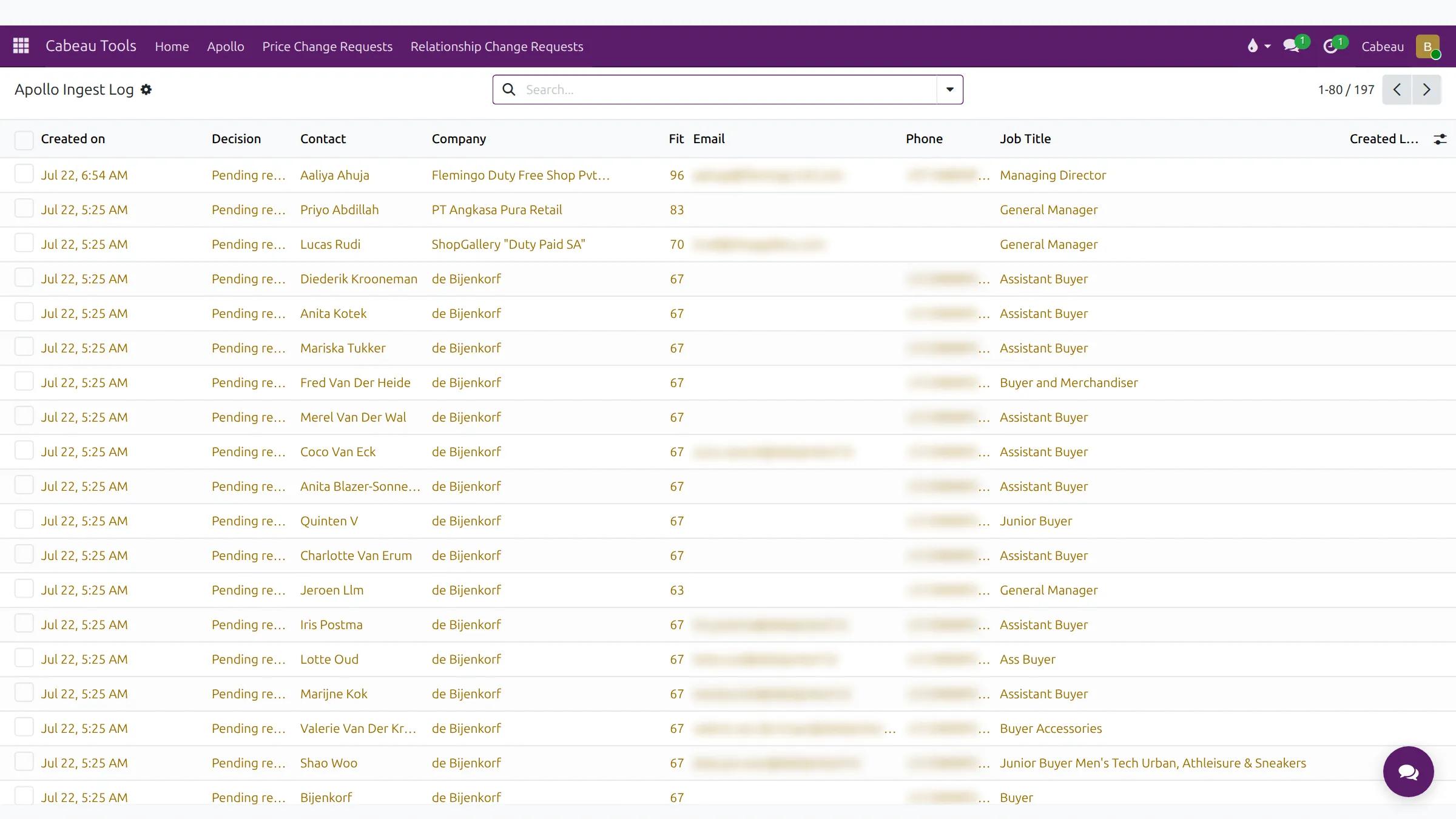 The ingest log with contacts pending review