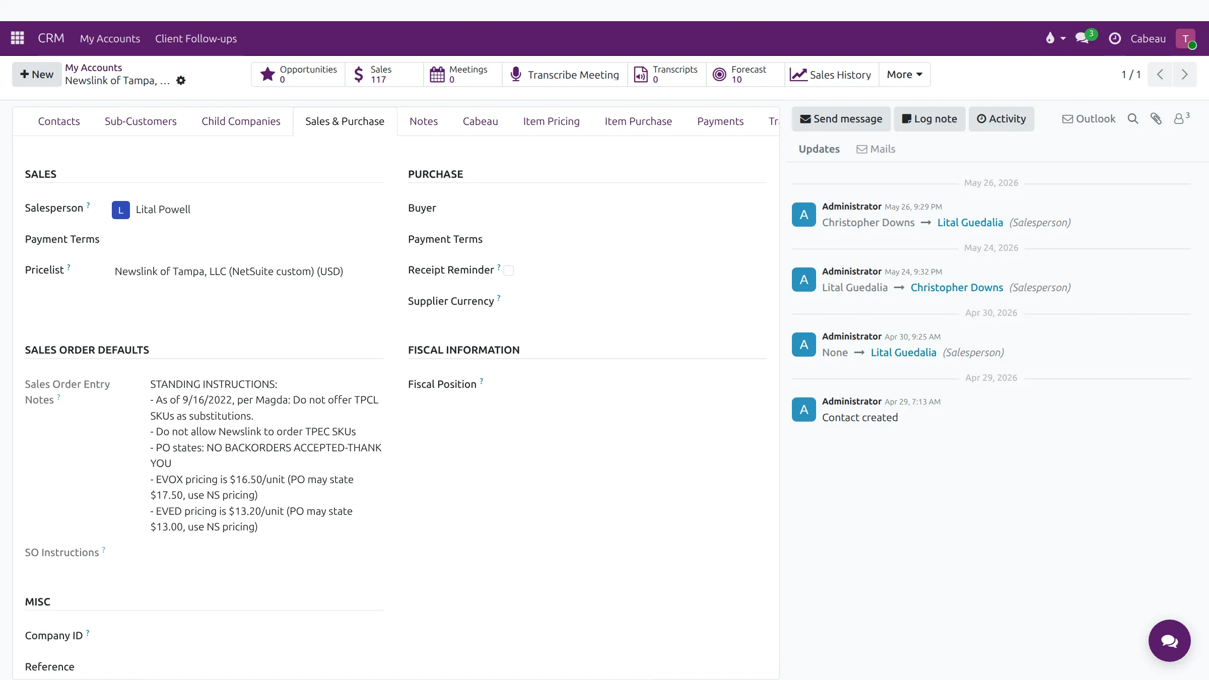 Payment terms and price list on the Sales & Purchase tab
