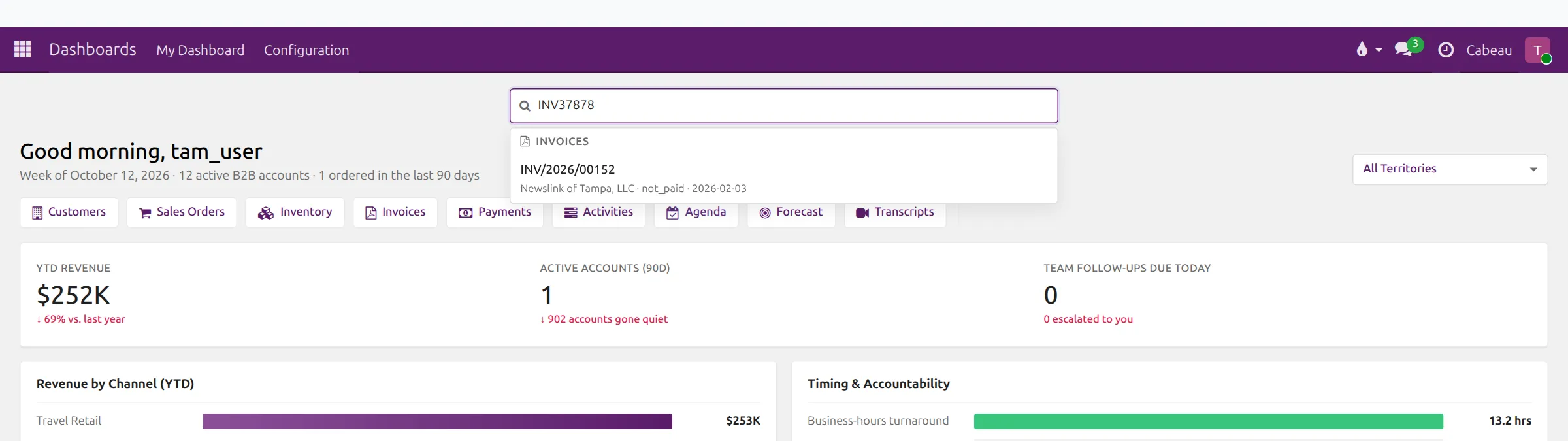 Finding an invoice from the dashboard search