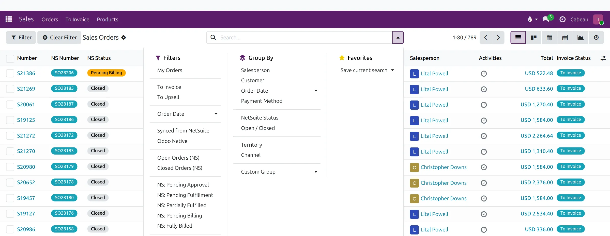 Sales order filters