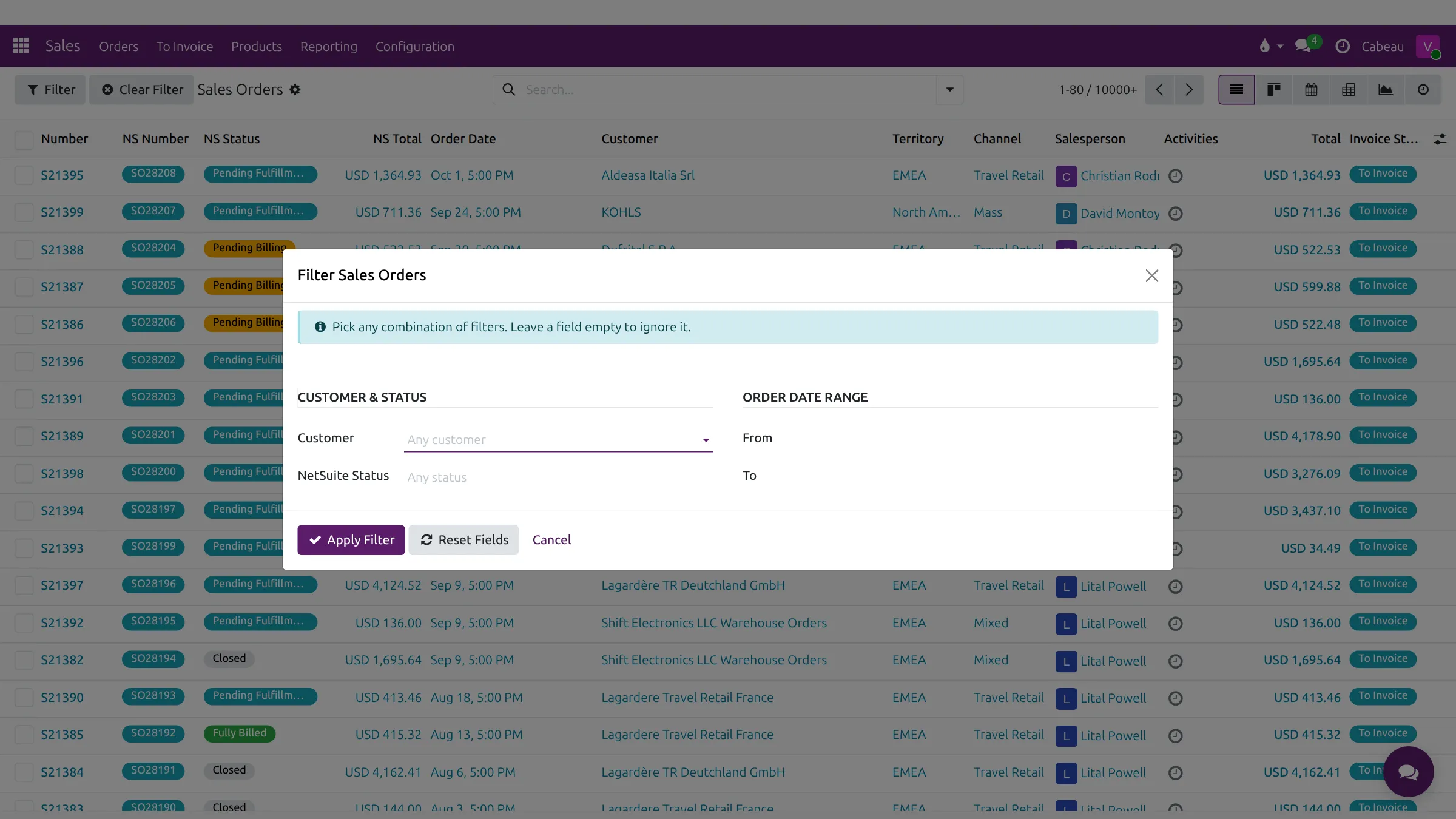 The Filter Sales Orders dialog