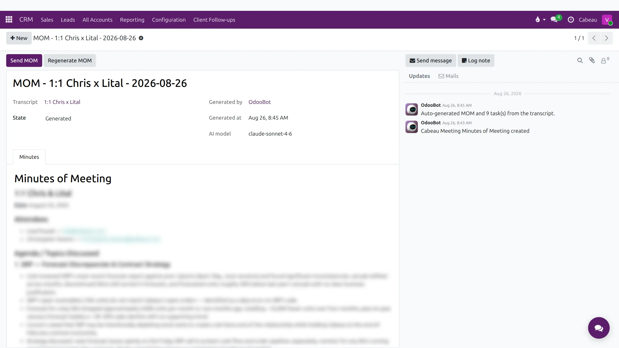 A minutes of meeting record, contents blurred