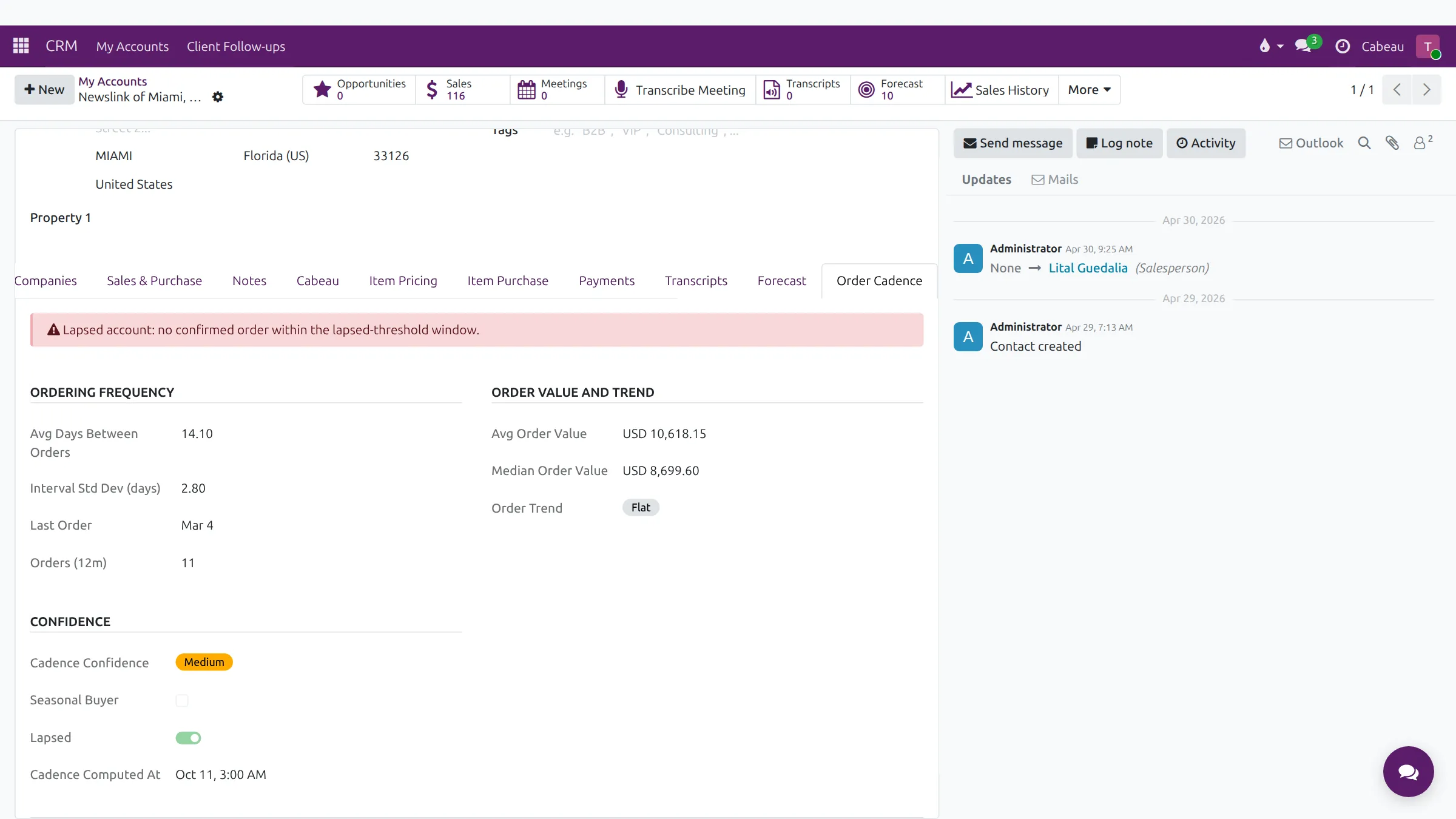The Order Cadence tab on an account