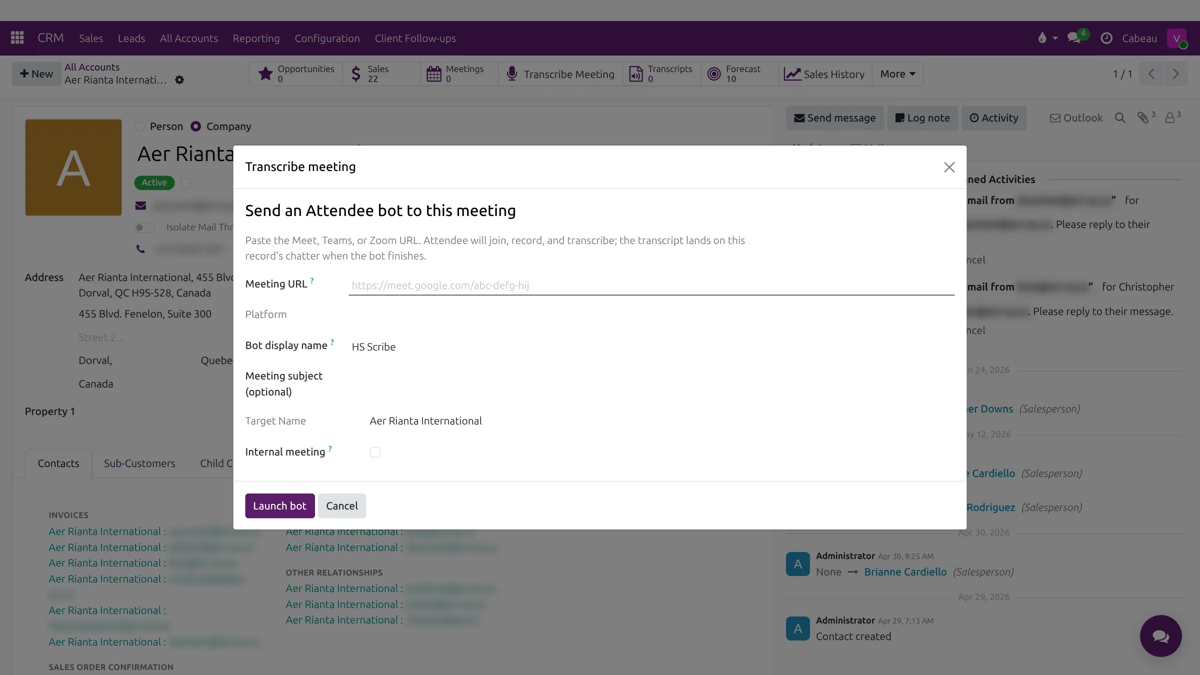 The Transcribe Meeting dialog